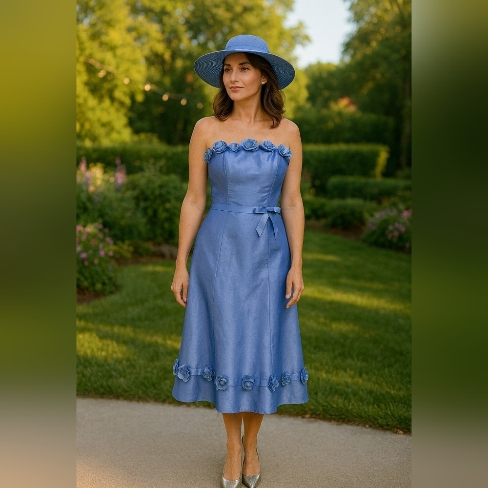 Elegant Strapless Blue Dress with Floral Details